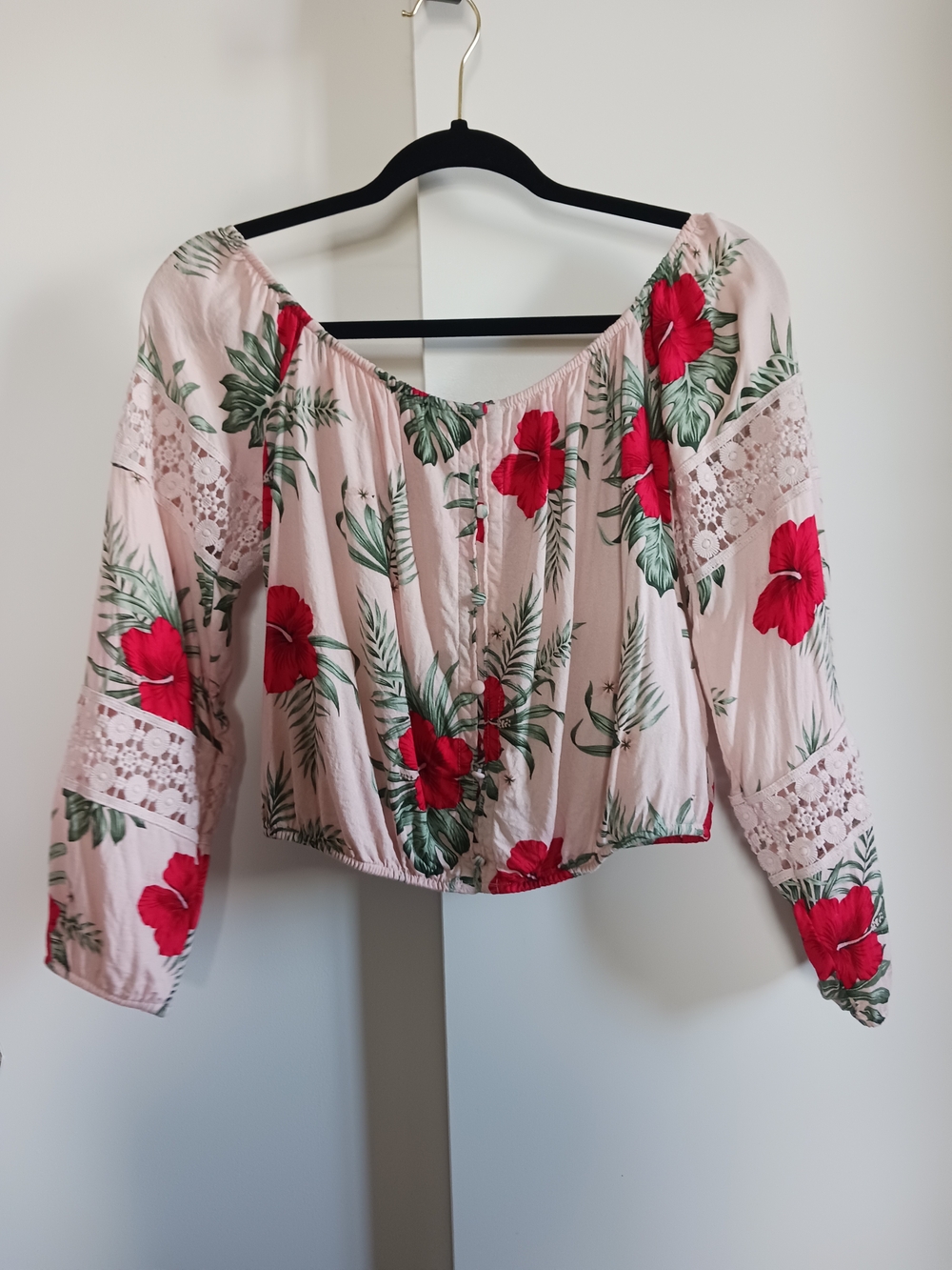 Guess Pink Off-Shoulder Blouse with Red Floral Print